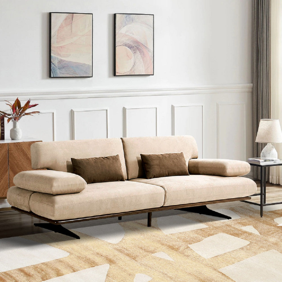Delano Beige Faux Suede Sofa With Sliding Backrest and Armrest