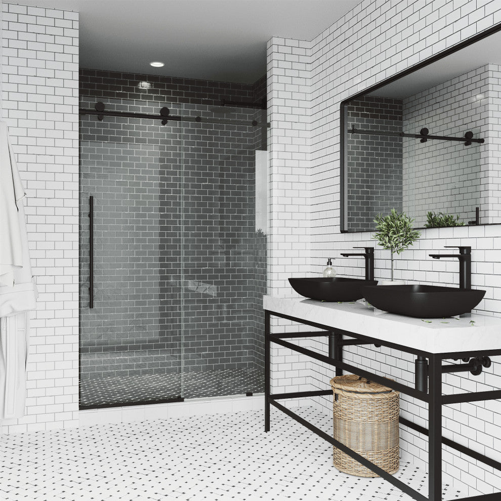VIGO Elan E-Class 52" to 56" W x 76" H Frameless Sliding Shower Door, Matte Black, Clear Glass