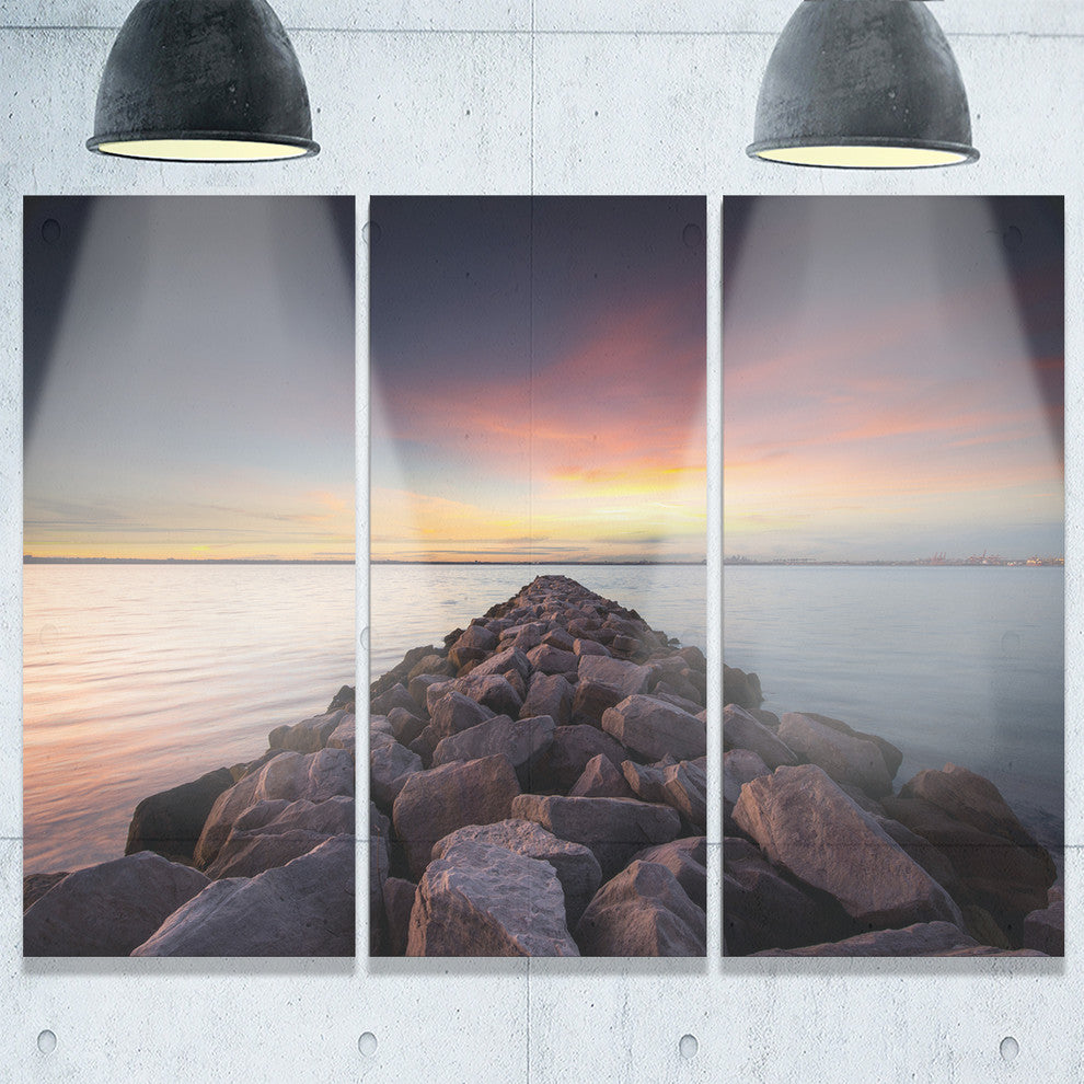 "Long Stone Bridge into Beautiful Sea" Metal Wall Art, 3 Panels, 36"x28"