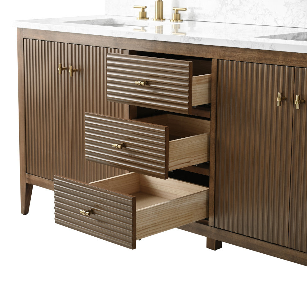 Vanity Art Freestanding Vanity, Walnut, 72", Double Sink, Golden Brushed