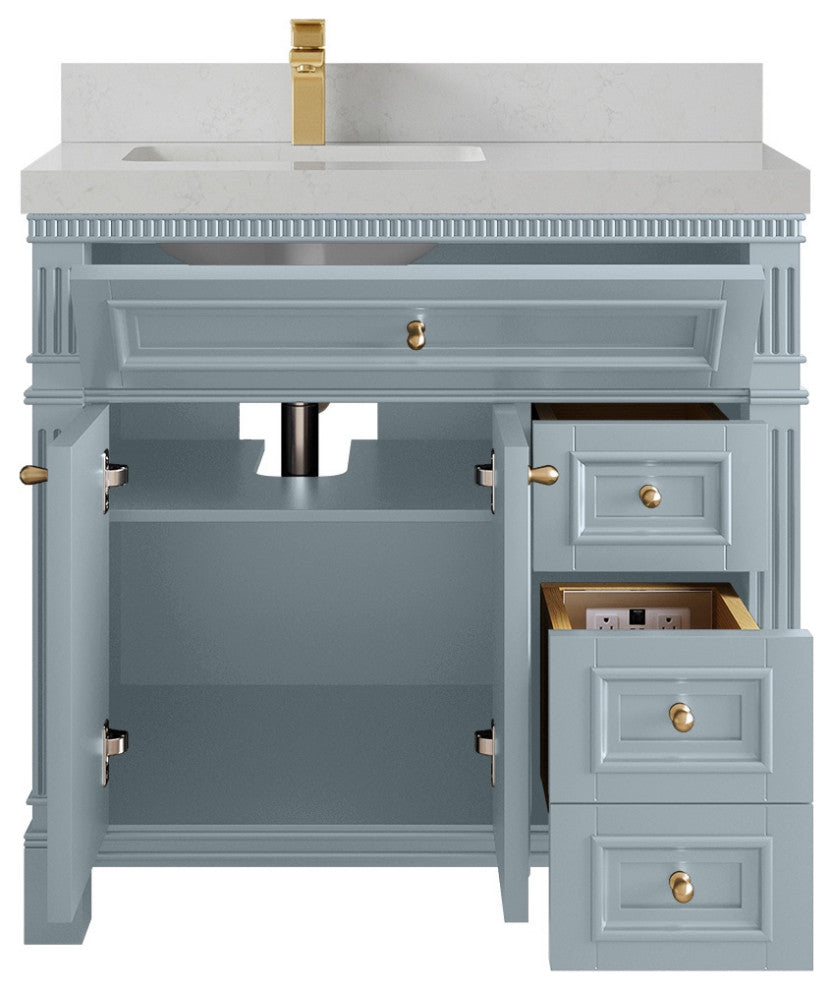 Paris 36" Left Offset Bathroom Vanity, Blue Heather 2" Carrara Quartz