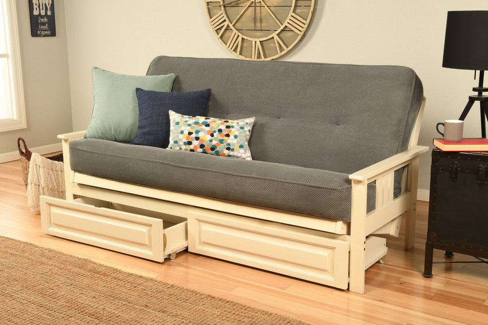 Caleb Frame Futon With Antique White Finish, Storage Drawers, Marmont Thunder