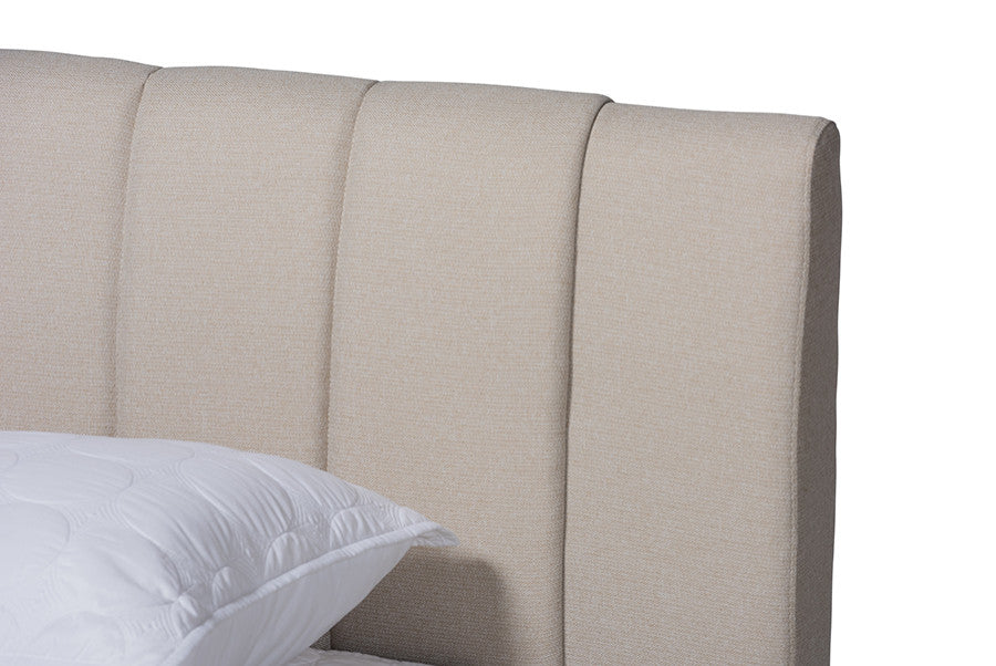 Brita Mid-Century Modern Light Beige Walnuted Wood Queen Size Bed