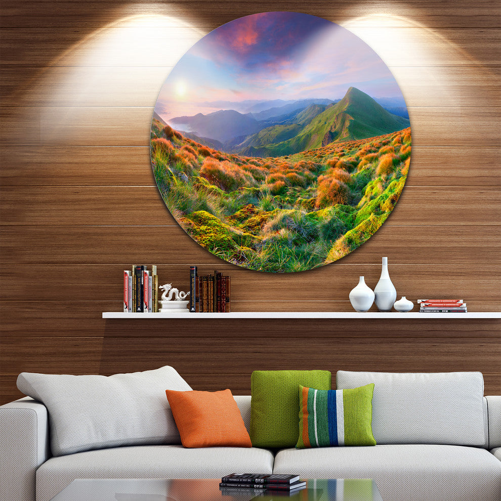 Purple Sky And Green Mountains, Landscape Photo Disc Metal Artwork, 11"
