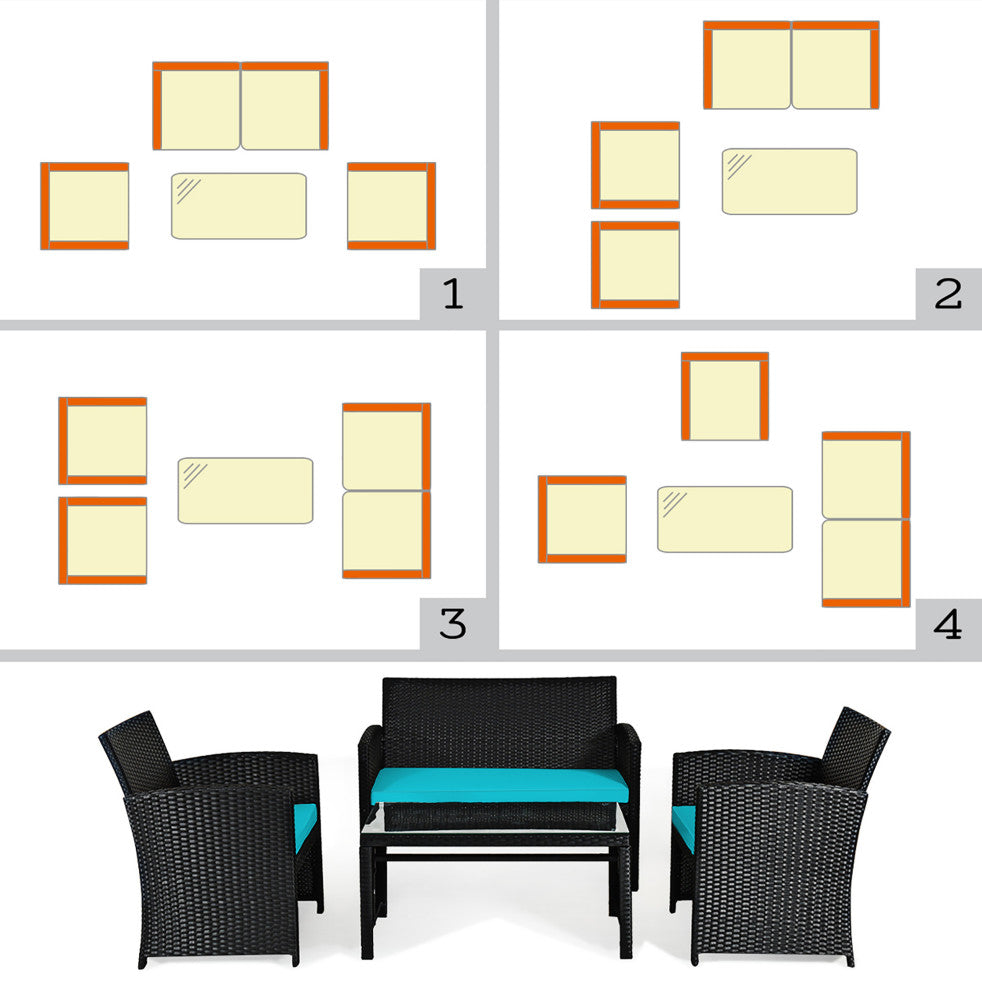 Costway 4PCS Patio Rattan Furniture Conversation Set Cushion Sofa Table Garden