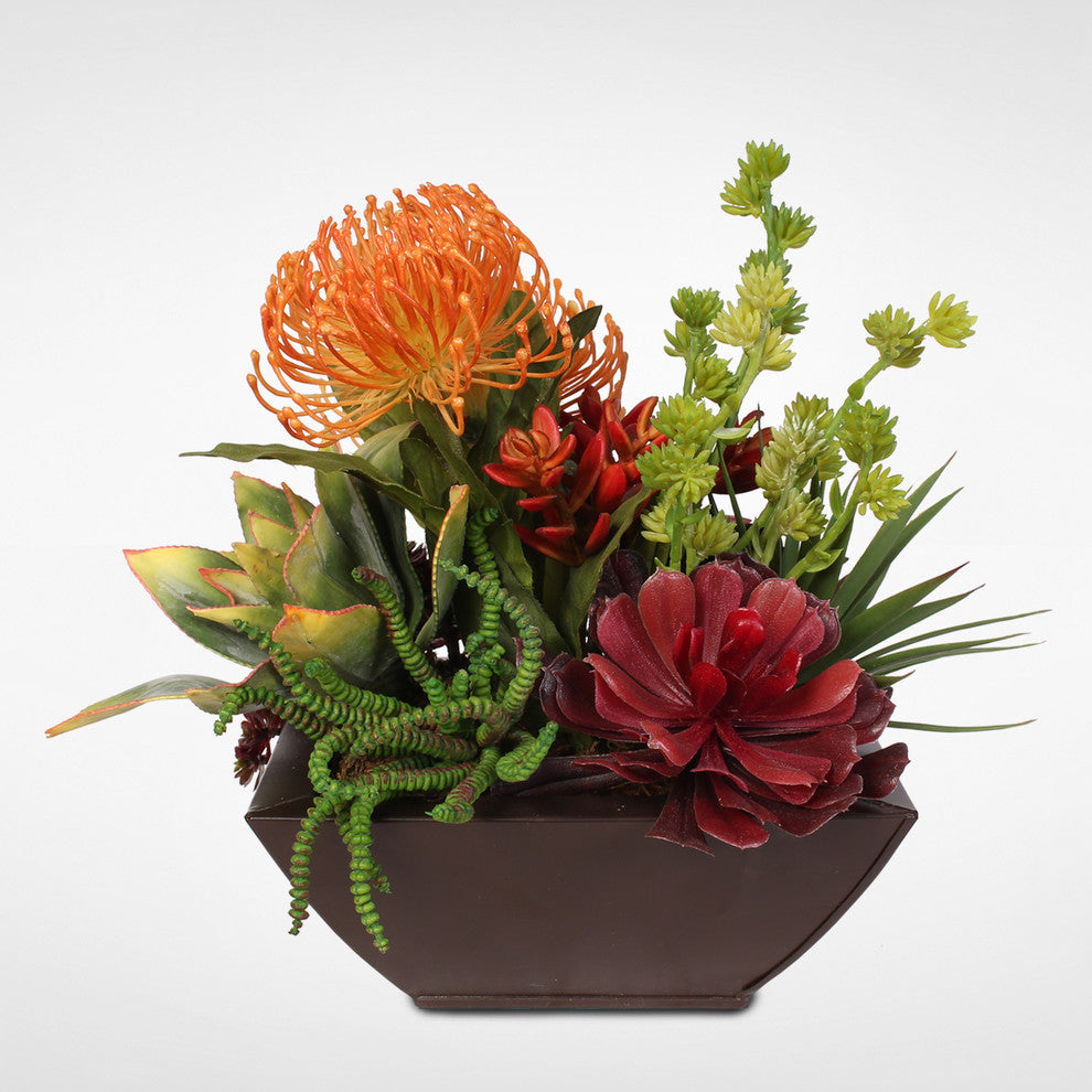 Contemporary Tropical Artificial Succulent Arrangement in a Metal Container