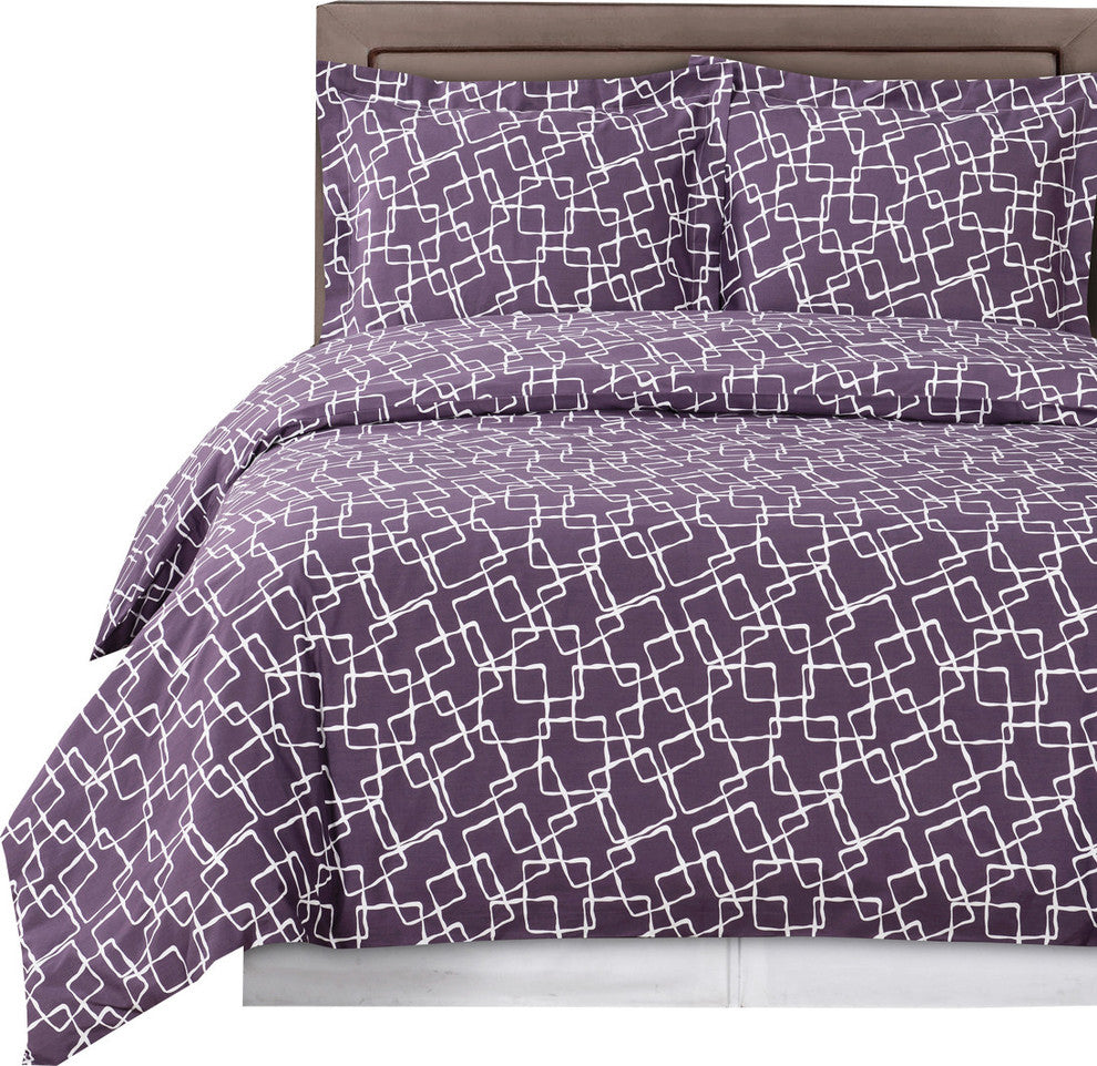 Eva Printed 100% Cotton Duvet Cover Set, Purple and White, Full/Queen