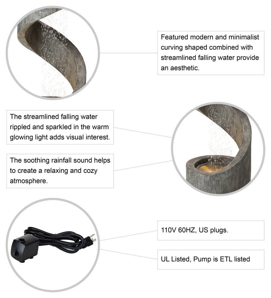 40"H Curving Shaped Outdoor Polyresin Gray Fountain With LED Light and Pump