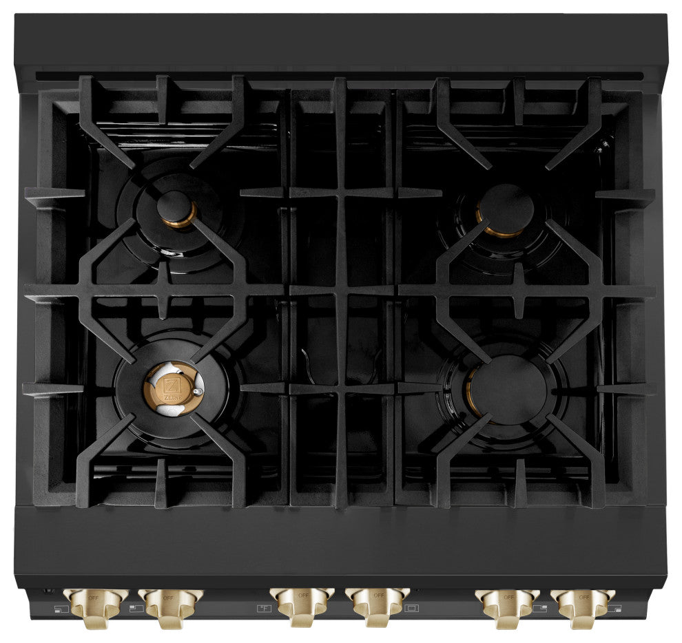 ZLINE 30" Dual Fuel Range, Black Stainless Steel With Gold Accents RABZ-30-G
