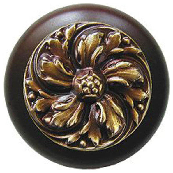 Chrysanthemum Walnut Wood Knob, Antique-Style Brass