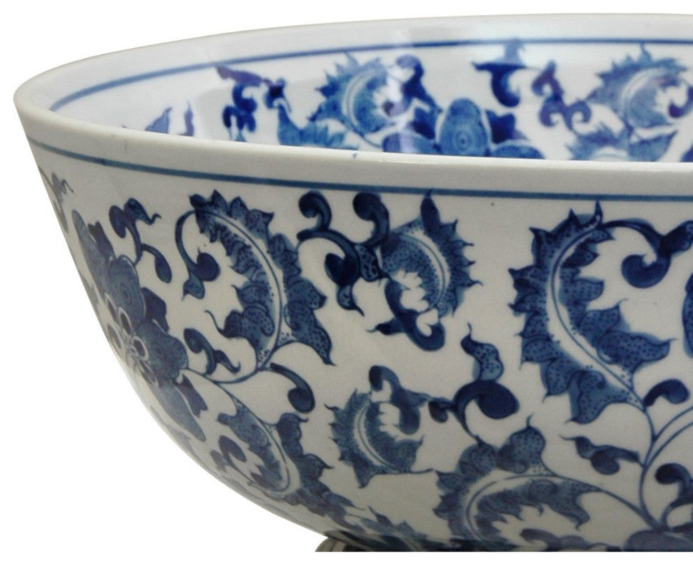 14" Floral Blue and White Porcelain Bowl
