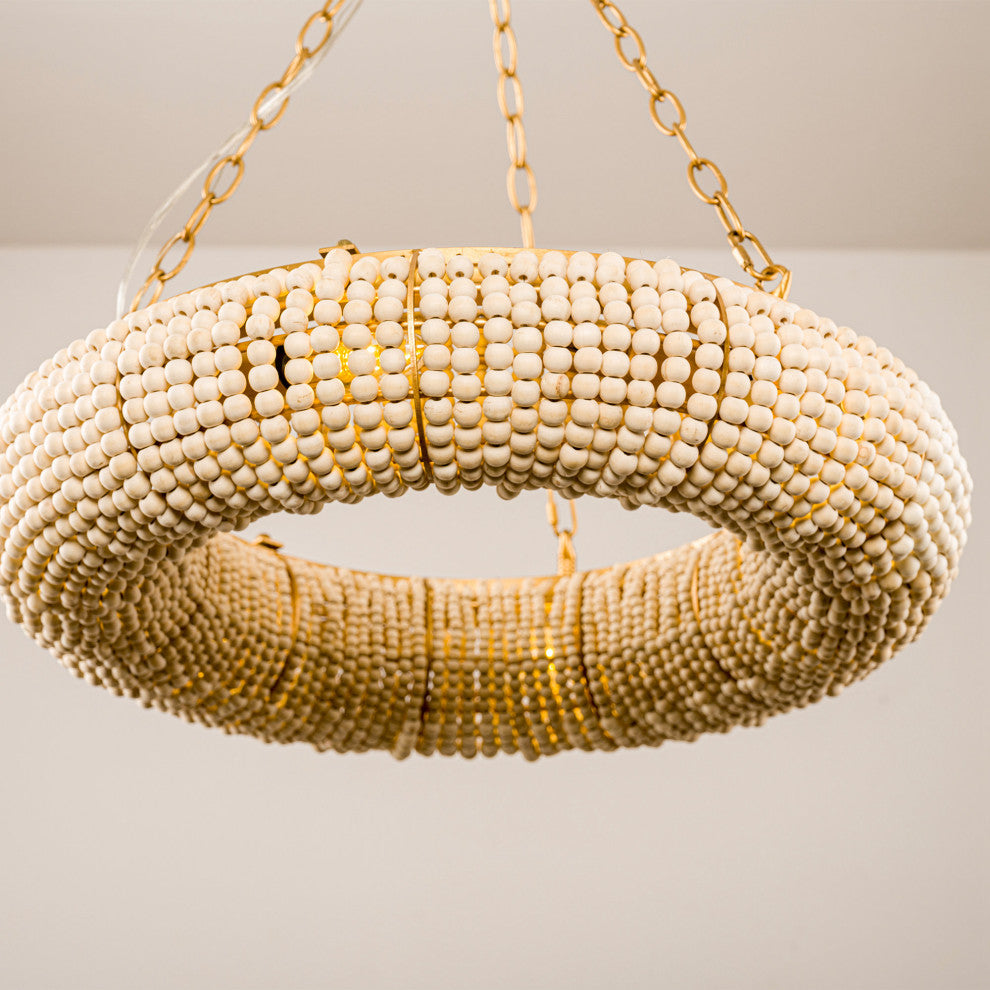 Wood Beads 6-Light Bohemian Chandeliers in Antique Gold