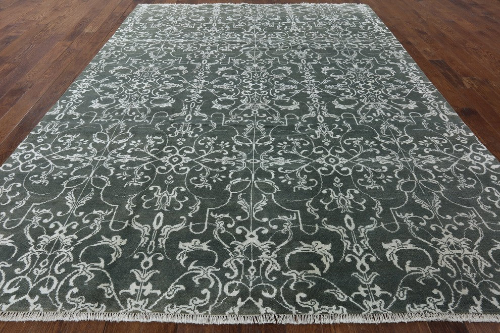 Wool and Silk Floral Oriental Hand-Knotted Rug, 9'x12'
