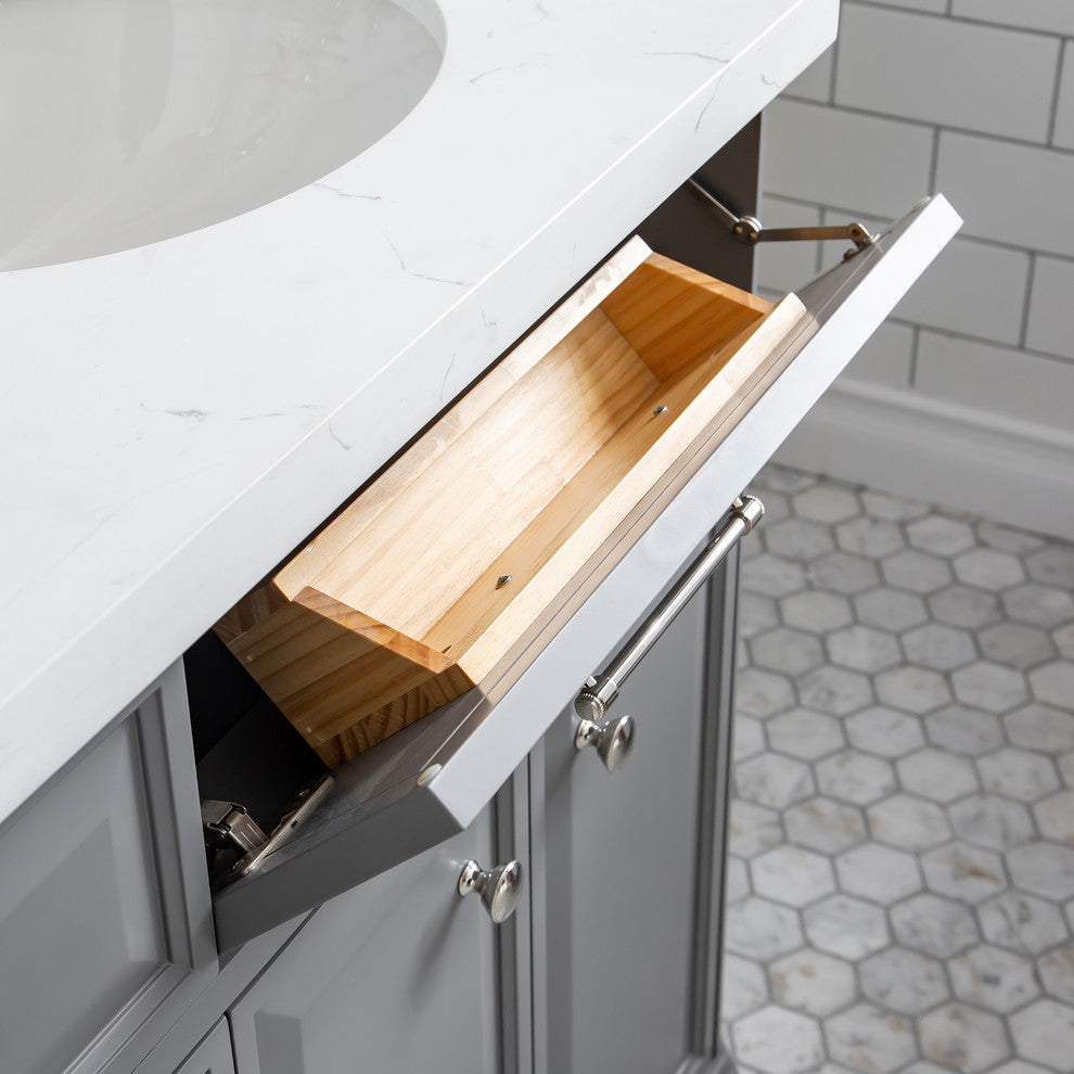 72" Palace Quartz Cashmere Gray Vanity With Hardware, Faucets in Polished Nickel