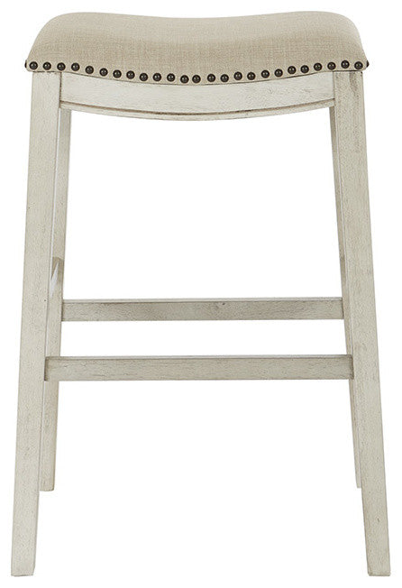 Saddle Stool 30", Beige Fabric and Antique White Base, Set of 2