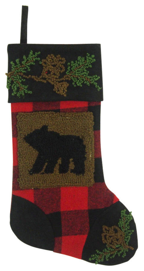 Plaid Christmas Stocking With Rug Hooked Bear