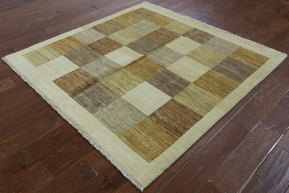 Ivory & Earth Tone Squares 5' Square Gabbeh Hand Knotted Wool Area Rug H8564