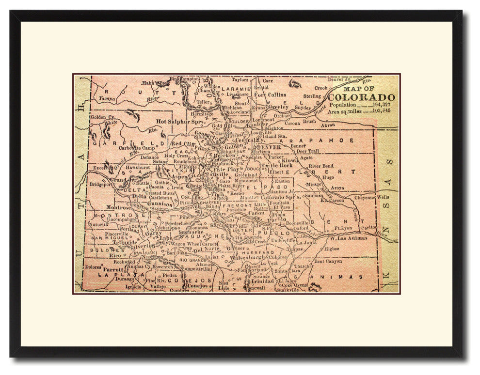 Colorado Vintage Map Print On Canvas With Picture Frame 16" X 21"