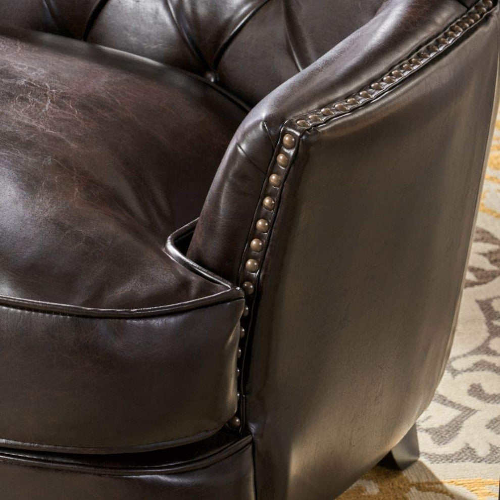 Brown Bonded Leather Accent Club Chair with Quilted Diamond Back Design, Brown Faux Leather