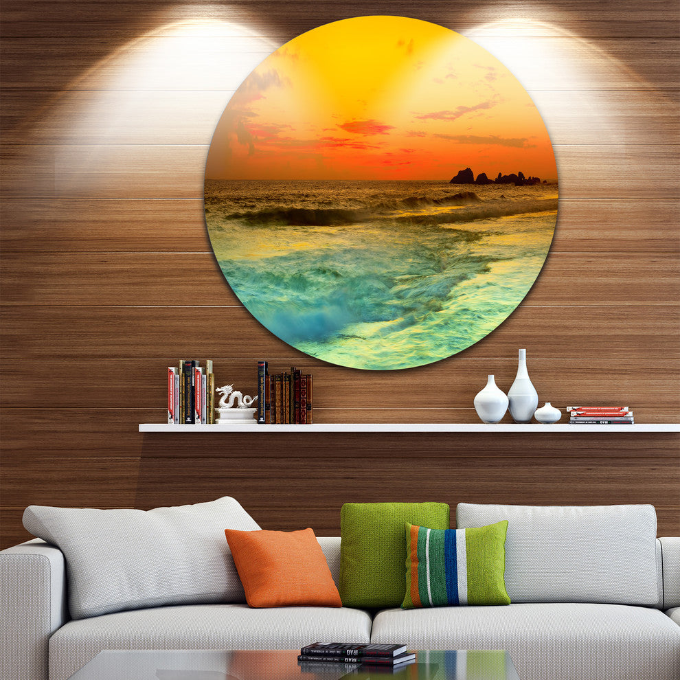 Yellow Sunset Over Sea, Seascape Photo Round Wall Art, 38"