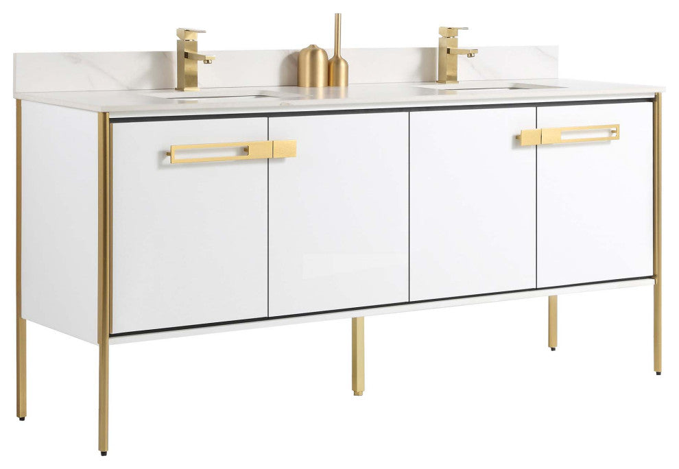 Oakville Bath Vanity, Ceramic Sink, White Matte, 72 Inch, Satin Brass Hardware
