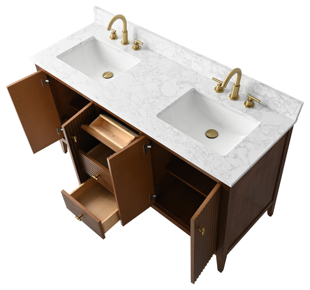 Vanity Art Freestanding Vanity, Walnut, 60", Double Sink, Golden Brushed