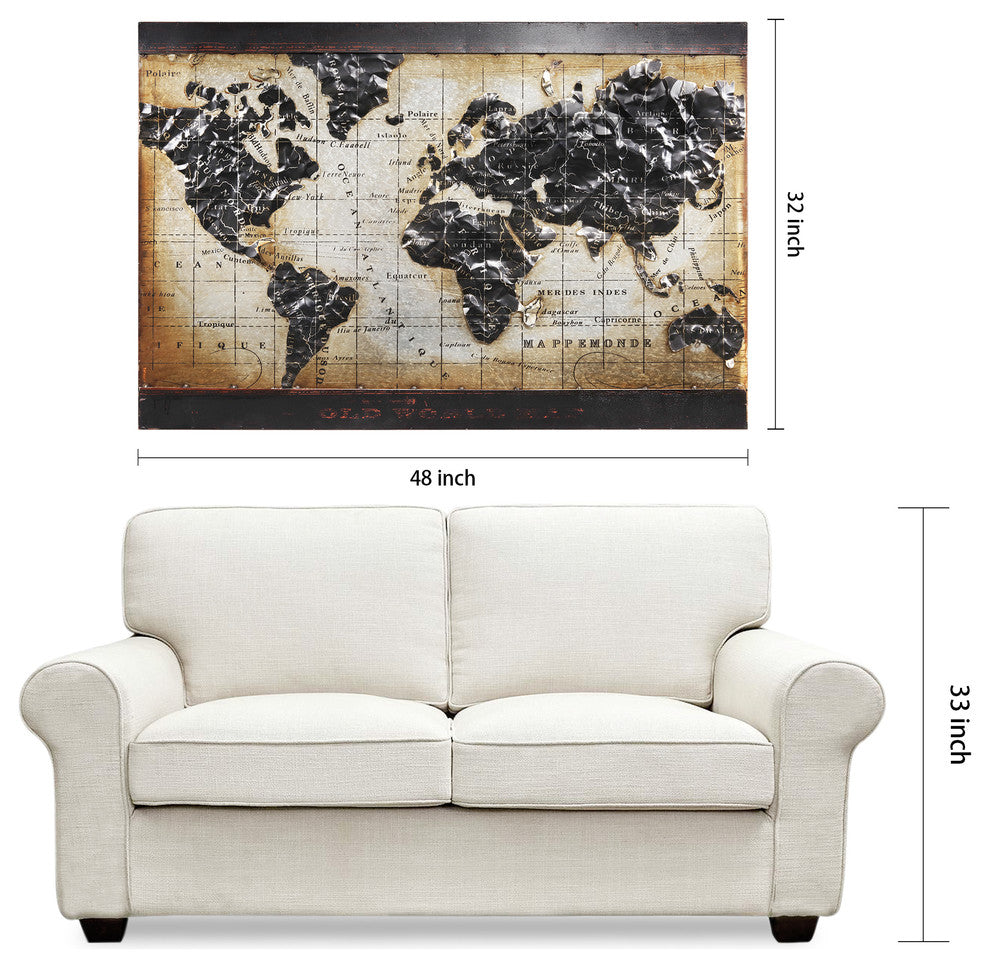 "World Map" Wall Art Mixed Media Iron Hand Painted Dimensional Wall Sculpture
