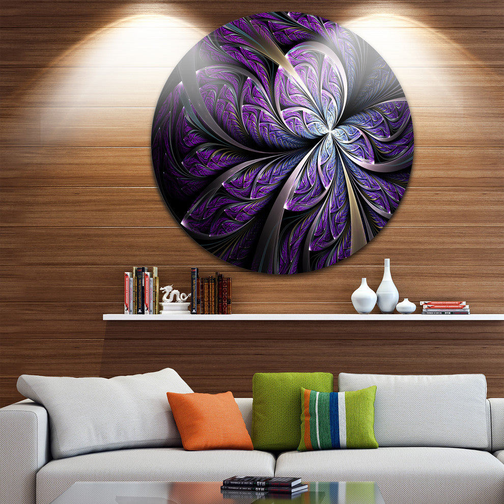 Glittering Purple Fractal Flower, Floral Round Metal Wall Art, 23"