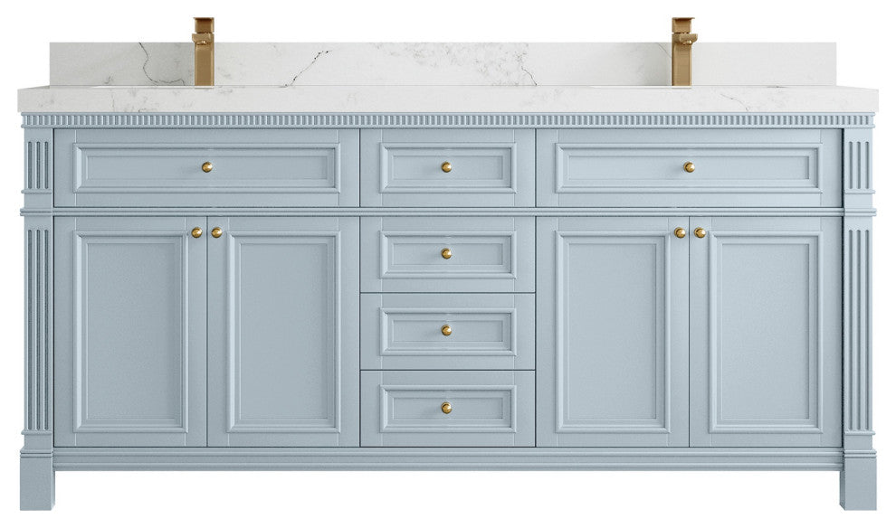 Paris 72" Double Sink Bathroom Vanity, Blue Heather 2" Calacatta Nuvo