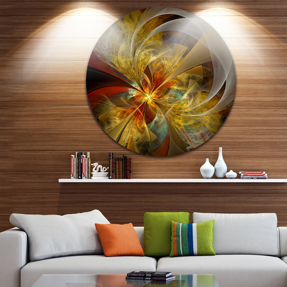 Bright Yellow Symmetrical Flower Design, Floral Disc Metal Artwork, 11"