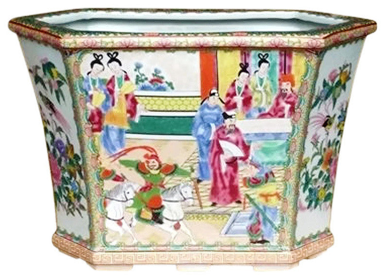 Oriental Rose Canton Hexagonal Porcelain Flower Pot