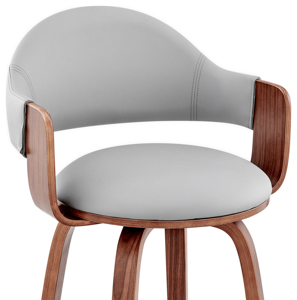 Daxton Faux Leather and Wood Bar Stool, Gray and Walnut, 30"