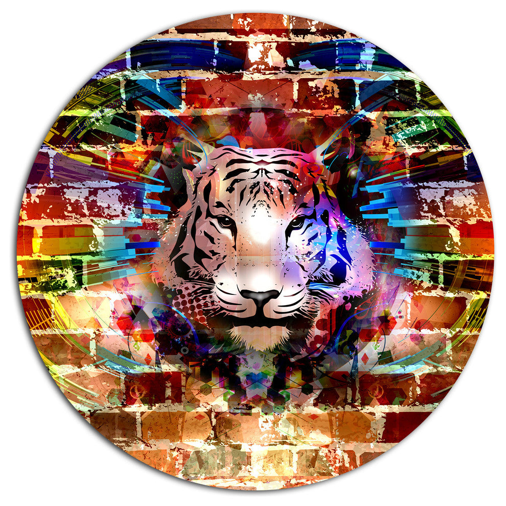 Tiger Over Abstract Brick Design, Abstract Disc Metal Wall Art, 23"