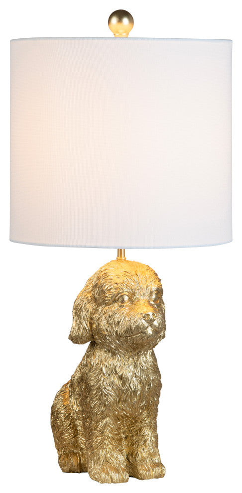 23" Gold Resin Doodle Dog Table Lamp With White Drum Shade