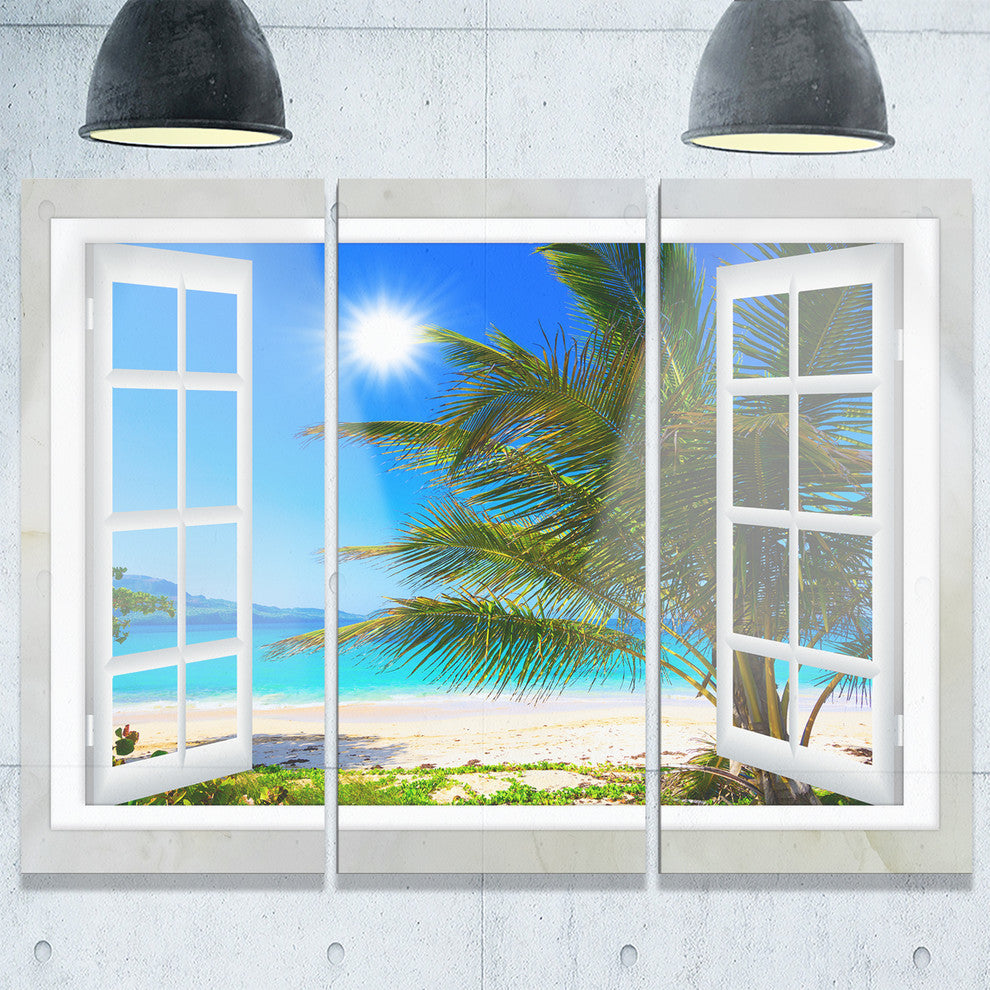 "Window Open to Beach With Palm" Metal Wall Art, 3 Panels, 36"x28"