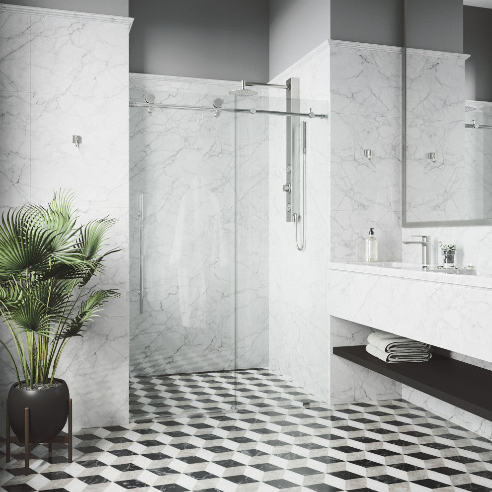 VIGO Elan E-Class 68" to 72" W x 76" H Frameless Sliding Shower Door, Chrome, Clear Glass