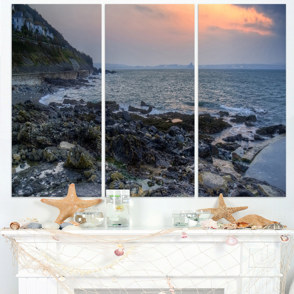 "Dark Rocky Seashore Sunrise" Metal Wall Art, 3 Panels, 36"x28"