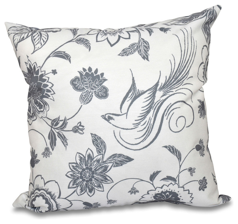 Traditional Bird Floral, Floral Print Pillow, Gray, 20"x20"