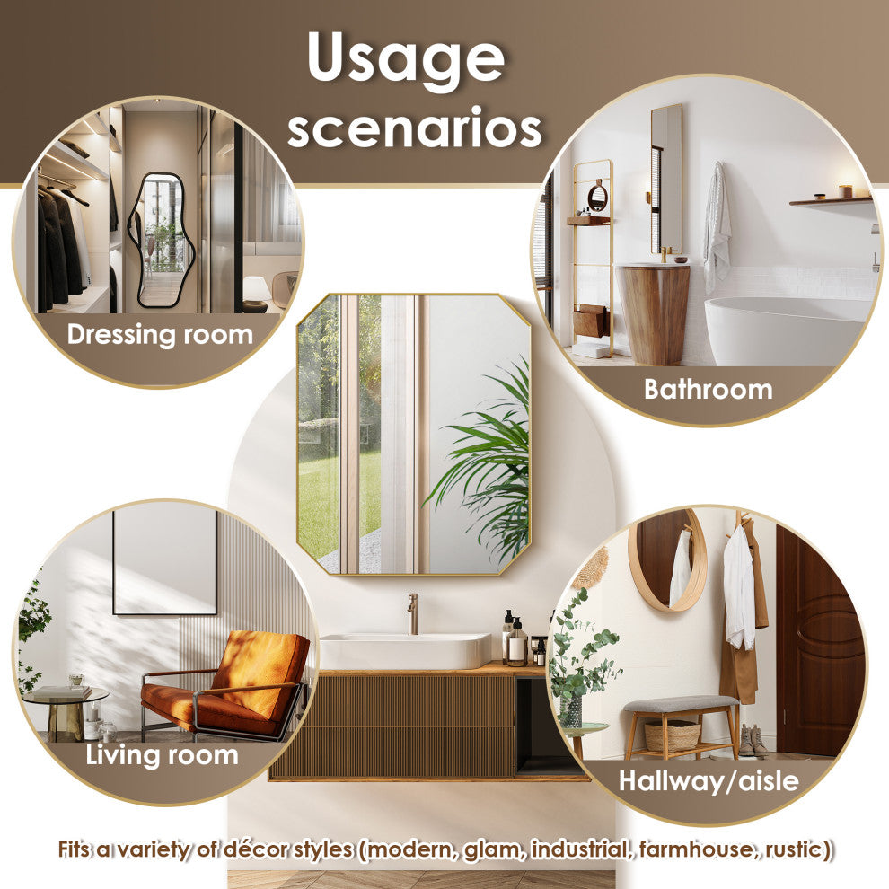 Allure Octagon Framed Bathroom Wall Mirror, Brushed Gold, 36"