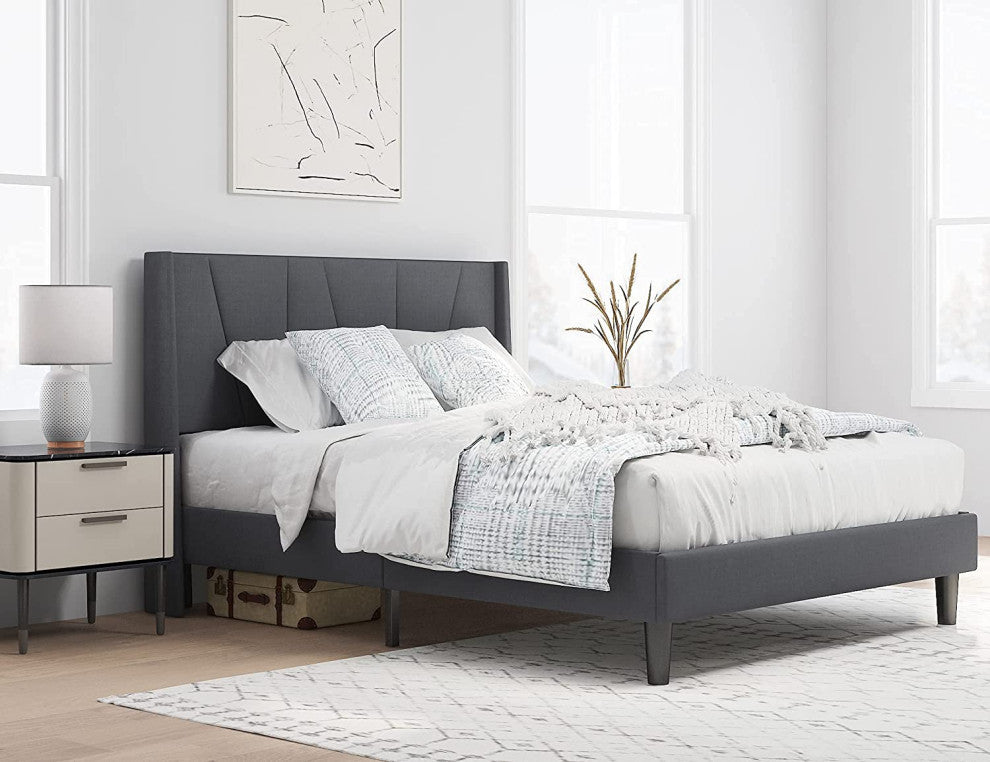 Full Bed Frame, Upholstered Platform Bed with Geometric Headboard and Wingback