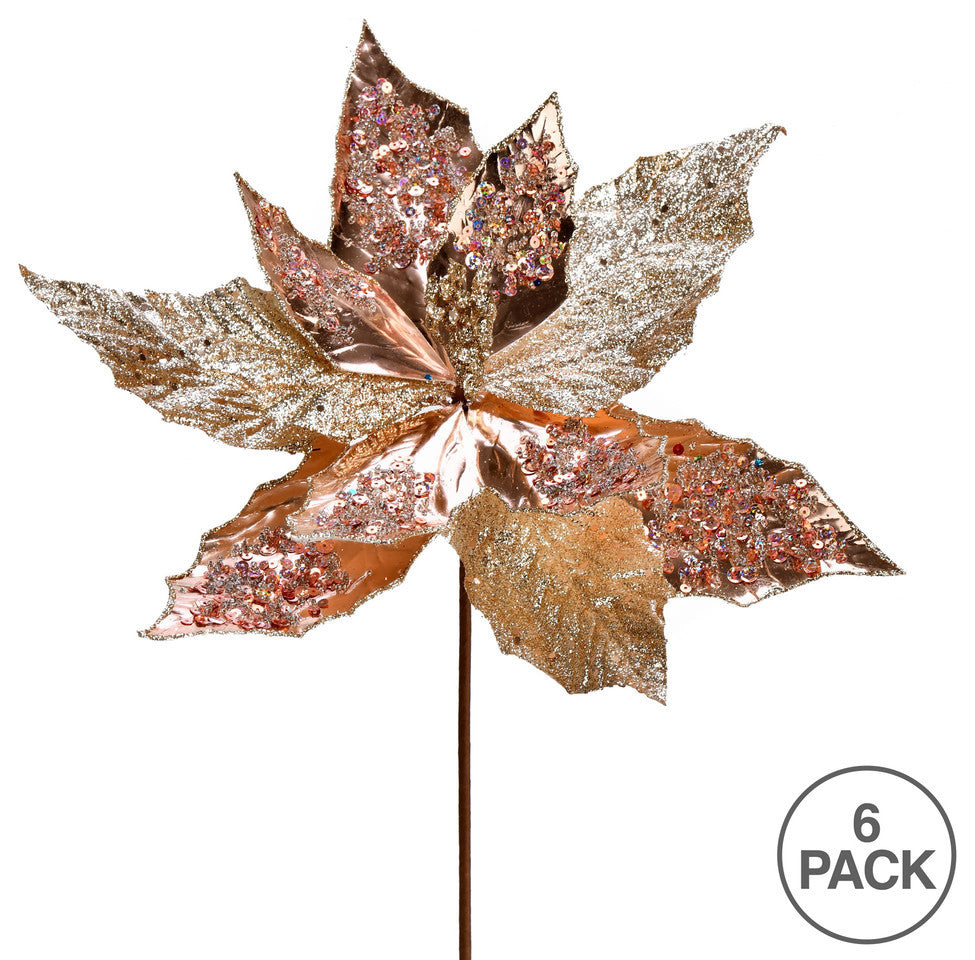 Poinsettia Sequin Aritificial Christmas Spray , Rose Gold, 13"