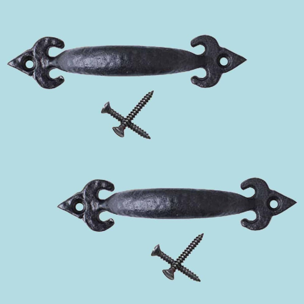 Black Wrought Iron Cabinet Handle 5" L Ornate Pull Rust Resistant Pack of 2