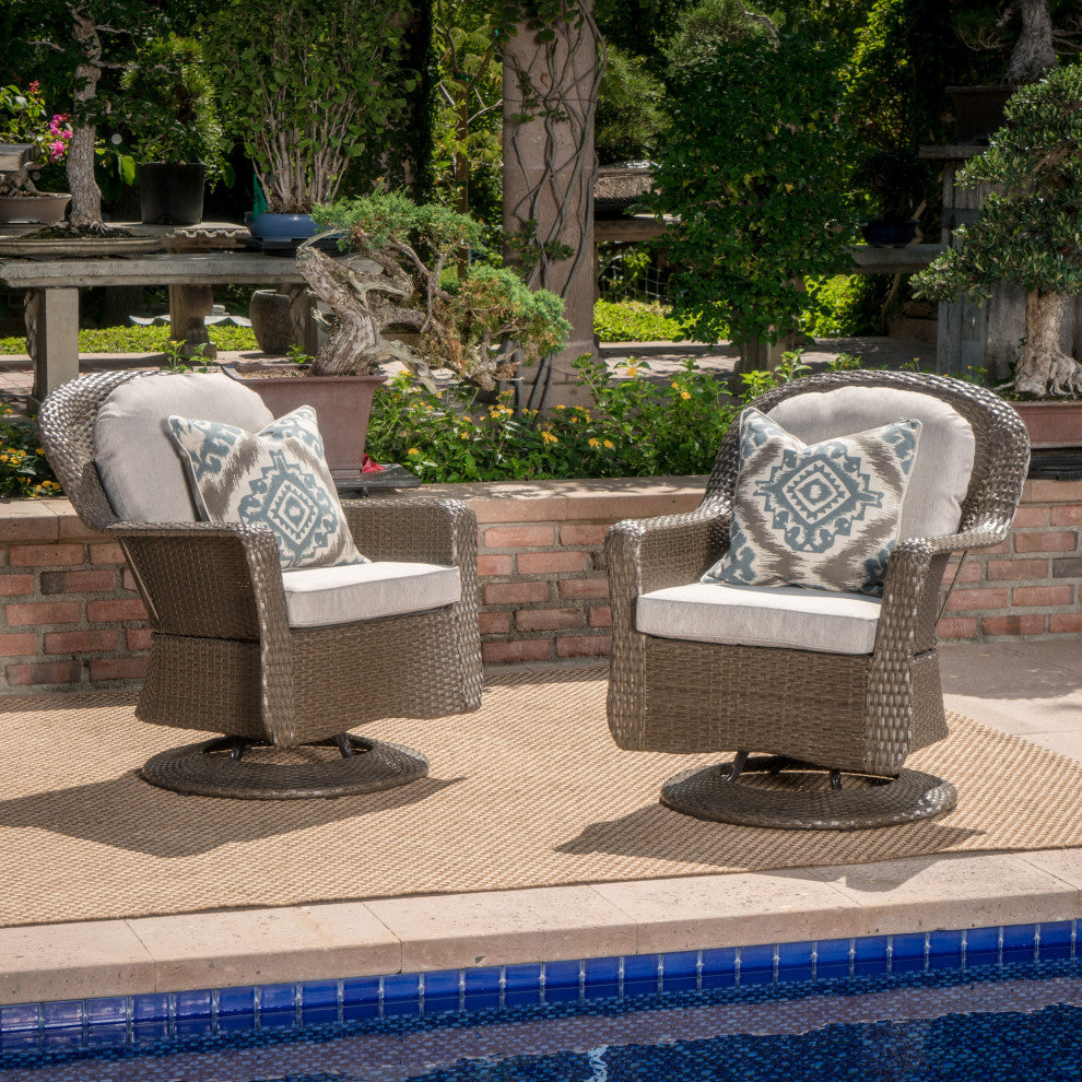 GDF Studio Linsten Outdoor Wicker Swivel Club Chairs, Water Resistant Cushions, Set of 2