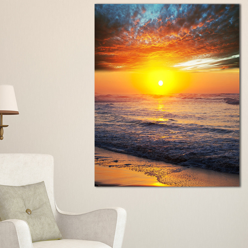 "Bright Sunset Over Blue Waters" Modern Beach Canvas Art Print, 16"x32"