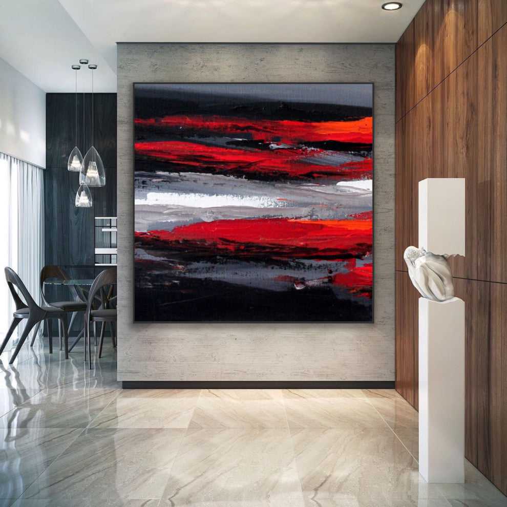 60x60 IN Black red gray abstract Art Large Modern Painting Wall Art Decor