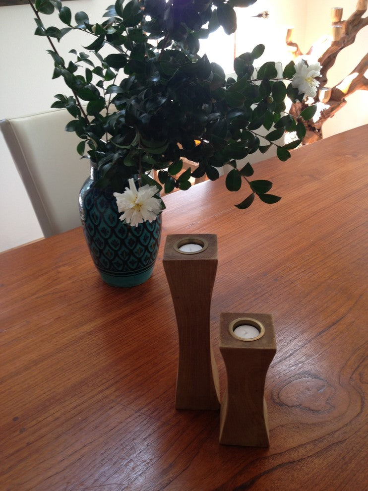 Slim Recycled Teak Wood Candleholder, 2-Piece Set