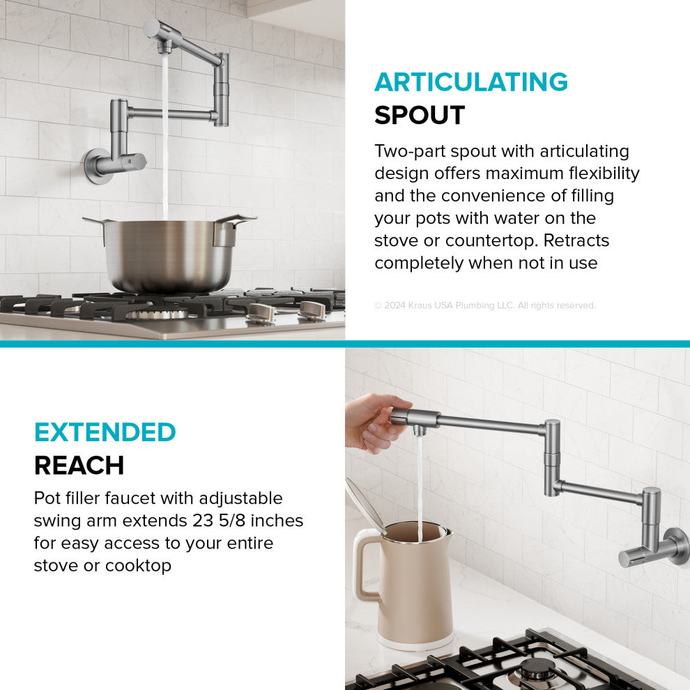KRAUS Bolden 2 Handle Wall Mount Pot Filler Faucet, Retractable Arm, SFS
