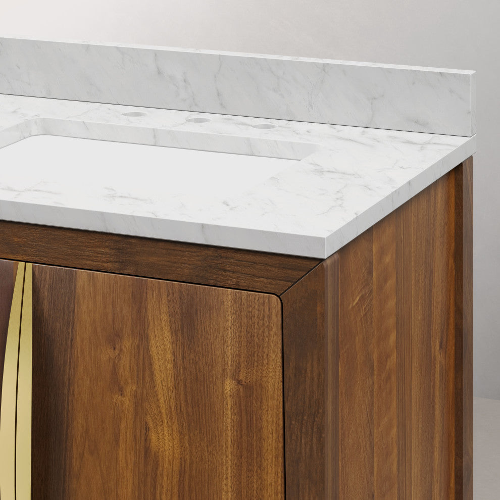 Ferrero Marble Top Bath Vanity, Nori Juglans, 30, Single Sink, Satin Gold Faucet