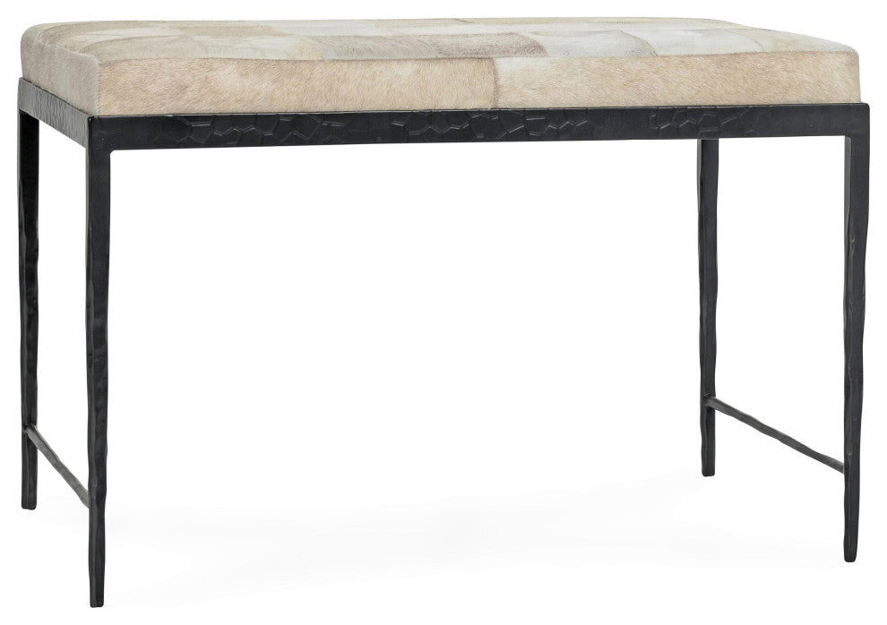 Achen Leather Hide Ottoman Bench by Kosas Home , Beach Ivory, 28"