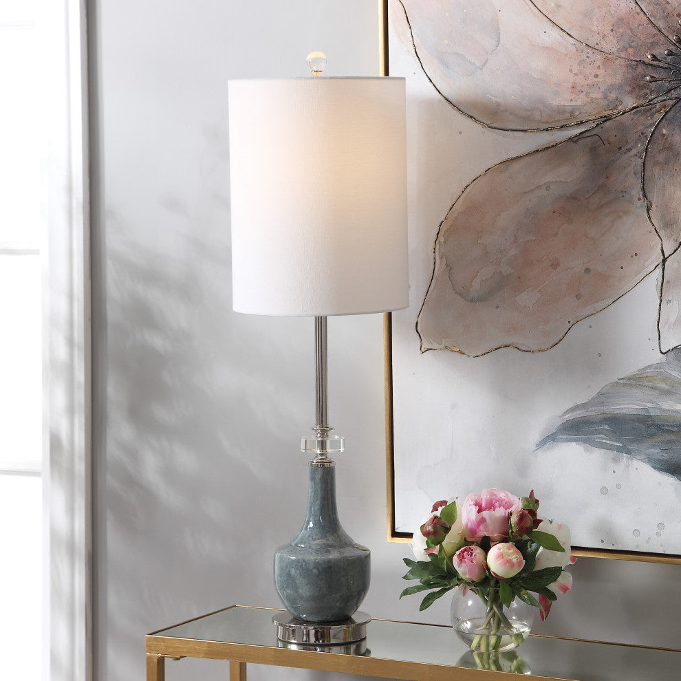 Soft Blue Mottled Ceramic Tall Shade Buffet Lamp Silver Elegant